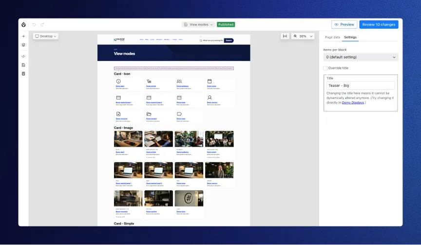 iSpectra screenshot of Drupal Canvas in Drupal CMS, showing a visual website template editor with configurable view modes, reusable card components, content layouts, and live desktop preview settings.