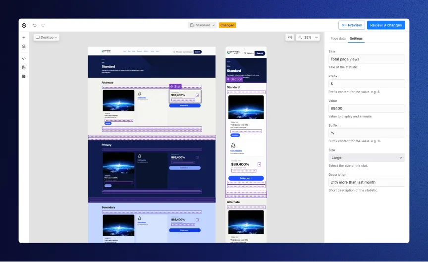 iSpectra screenshot of Drupal Canvas in Drupal CMS, showing a visual website template editor with configurable color palettes, reusable components, layout controls, spacing settings, and live desktop preview.