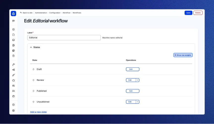 iSpectra screenshot of Drupal CMS showing the editorial workflow editor, with configurable content states including Draft, Review, Published, and Unpublished for managing structured publishing and approval processes.