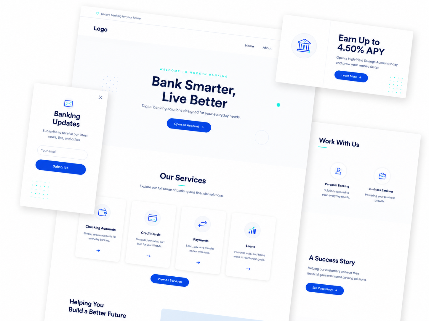 Bank website design mockup featuring modern digital banking pages, responsive mobile-friendly UI cards, marketing offers, banking updates, and financial services sections.